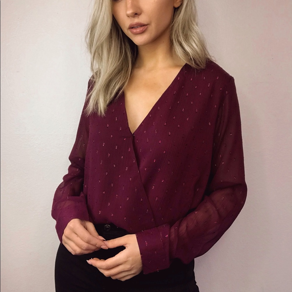 Merlot Burgundy sheer wrap blouse - Picture 3 of 6